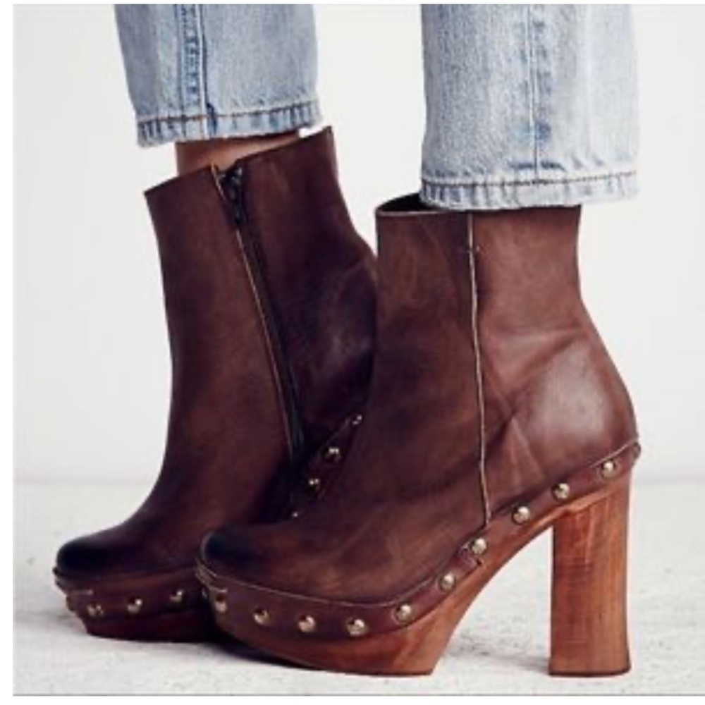 Free People Brown Leather Studded Platform Ankle Boots